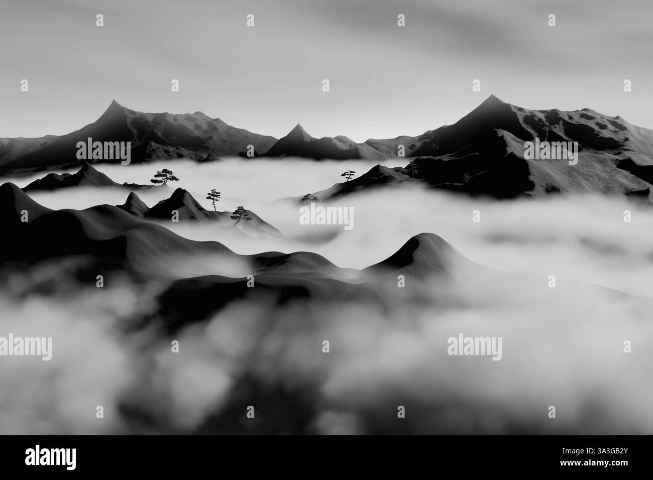 3D rendering of black and white landscape with hills and mountains ...