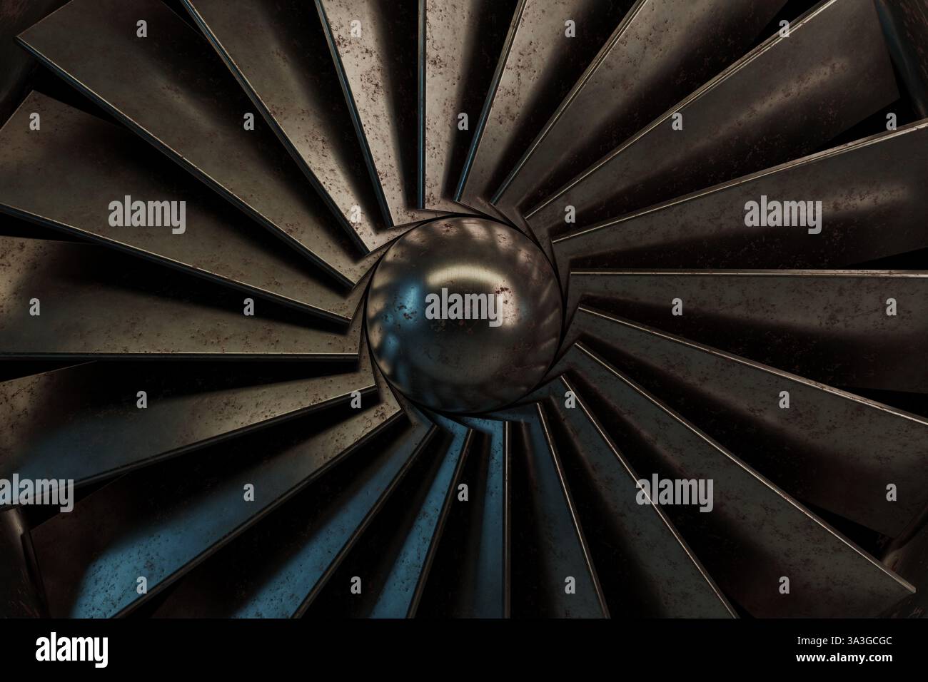 Old. If Rotation 3d rendering of old rotation turbine illuminated from abstract neon ...