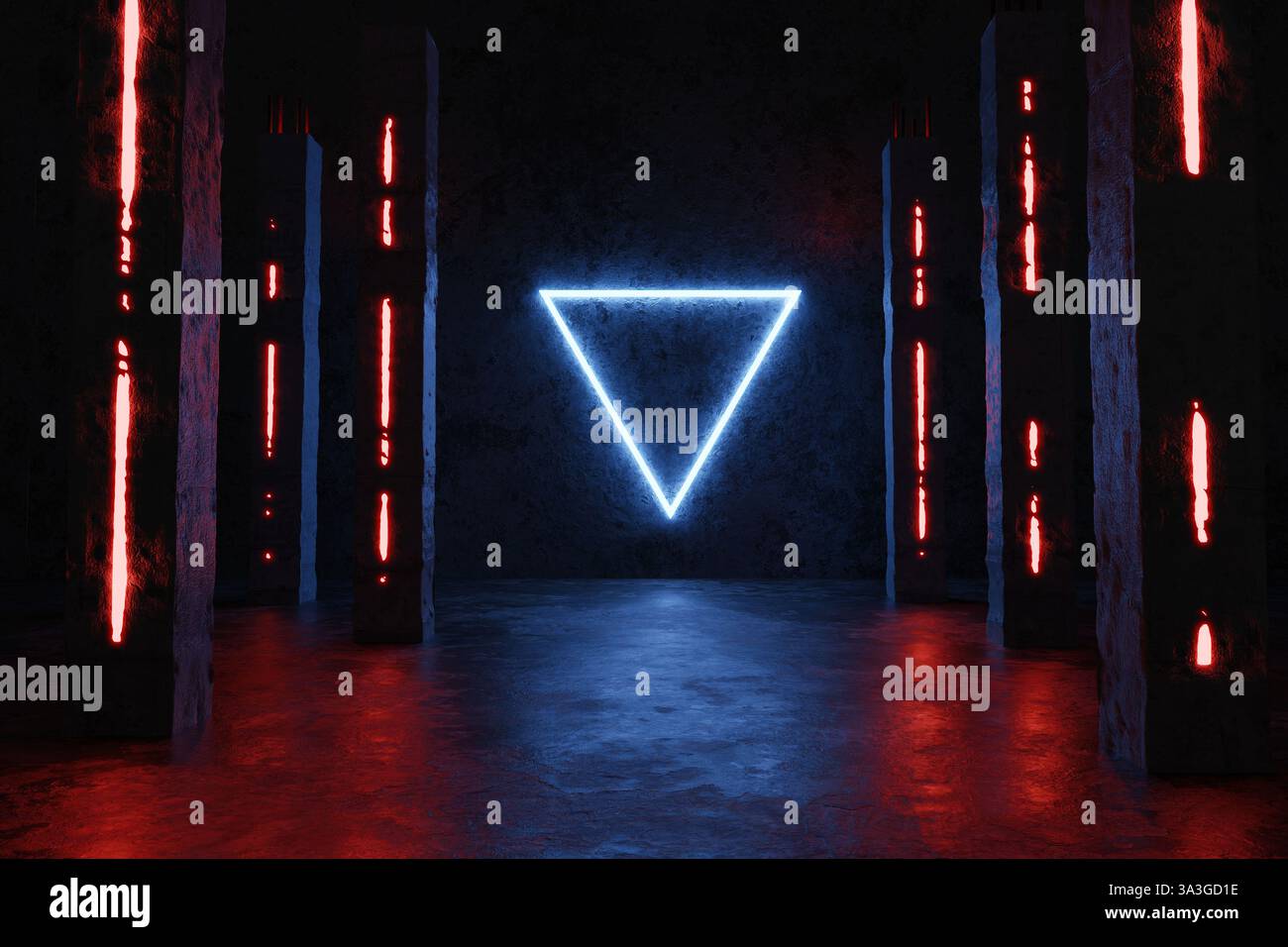 3d rendering of blue lighten triangle shape next to red concrete ...