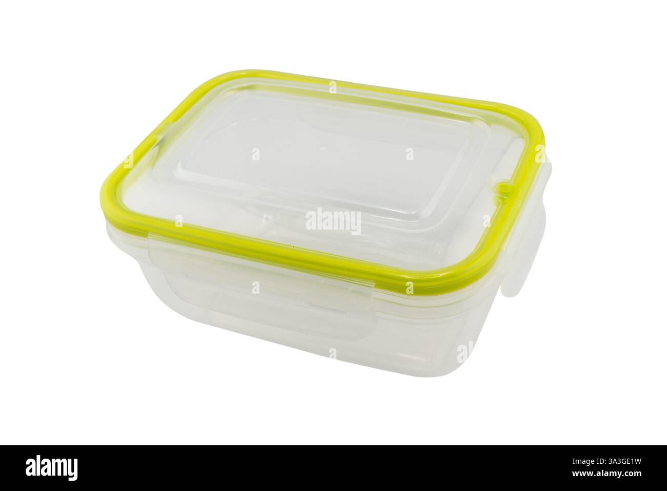 Empty transparent plastic food container isolated on white background.  Plastic transparent container with lid. Stock Photo