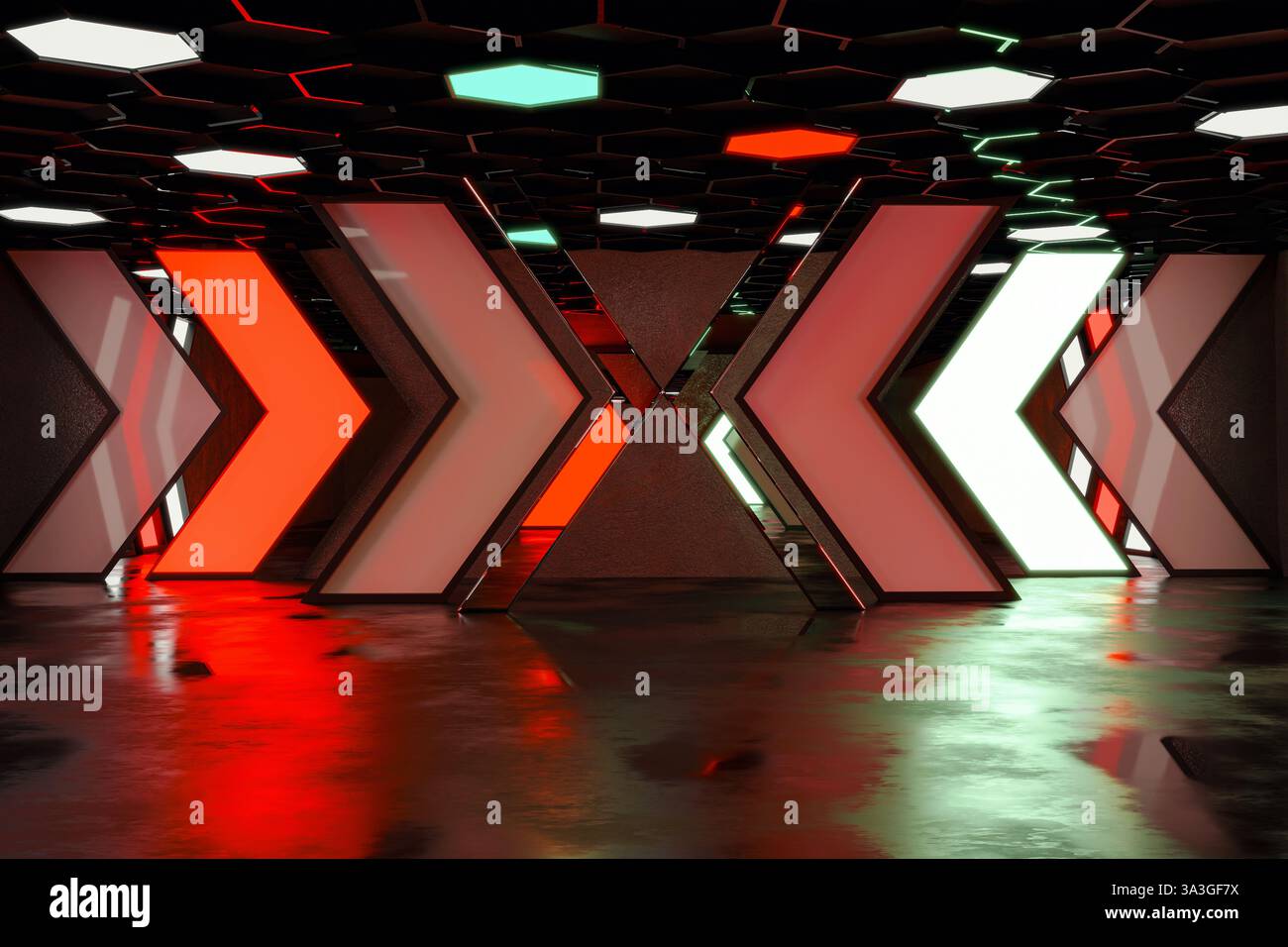 3D rendering of epic hall with neon direction elements and hexagonal ceiling Stock Photo
