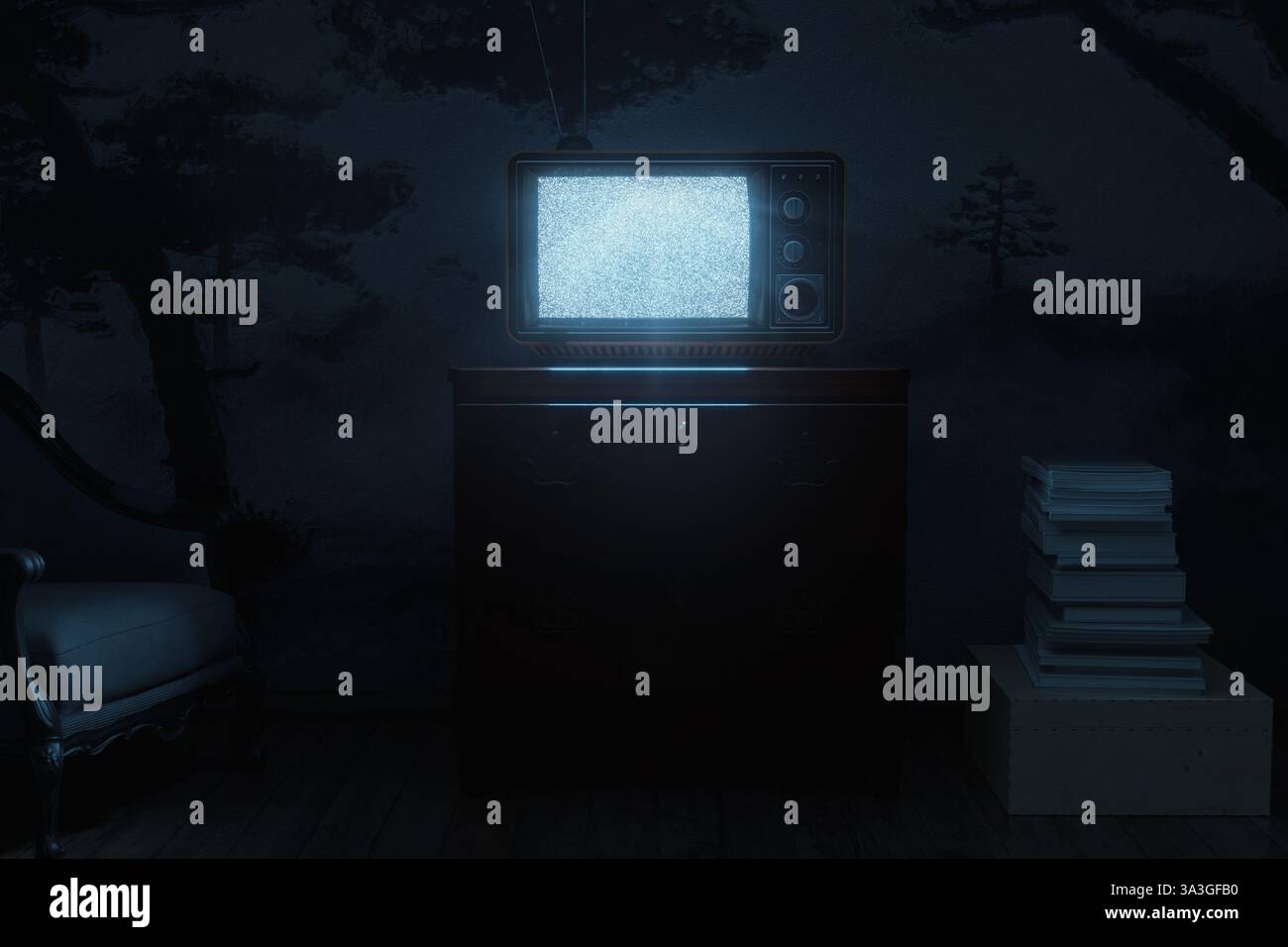 Old television and bright static screen. 3D Rendering Stock Photo