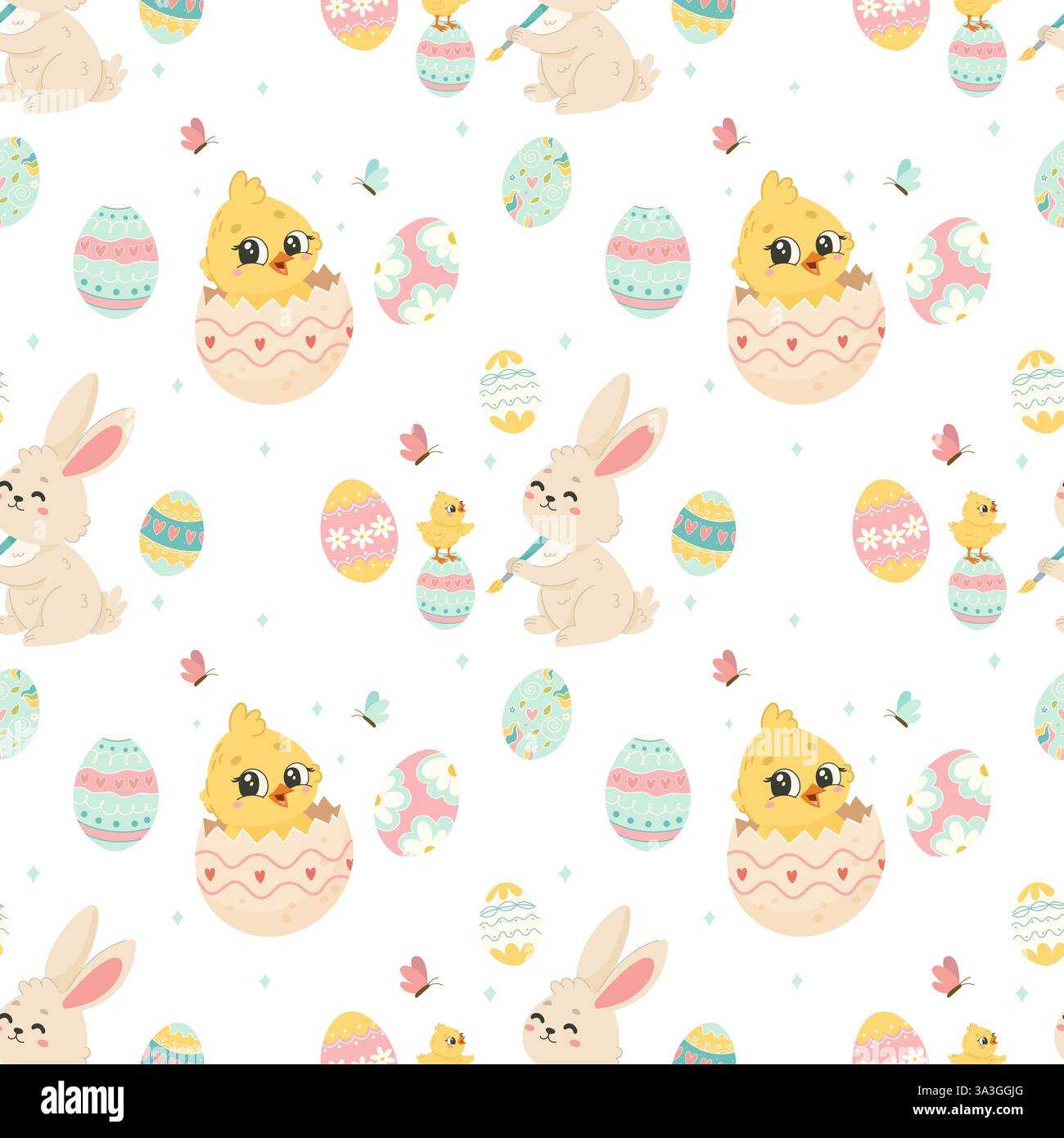 Seamless Pattern with Easter Bunnies and Eggs Stock Vector