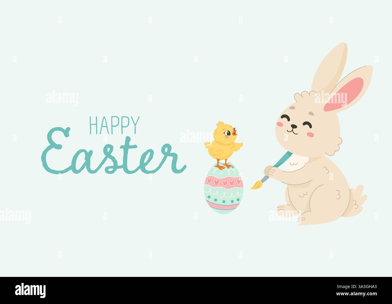 Cute Easter Bunny Painting Decorated Egg card Stock Vector