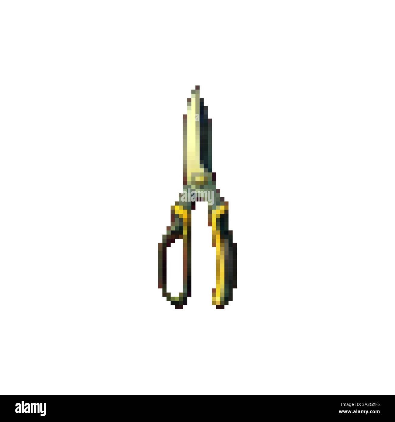 Tree pruner vector. Pixel garden scissors for pruning plants. Sharp blades of scissors icon. Garden equipment nippers vector. Vector icon style 80s. Stock Vector