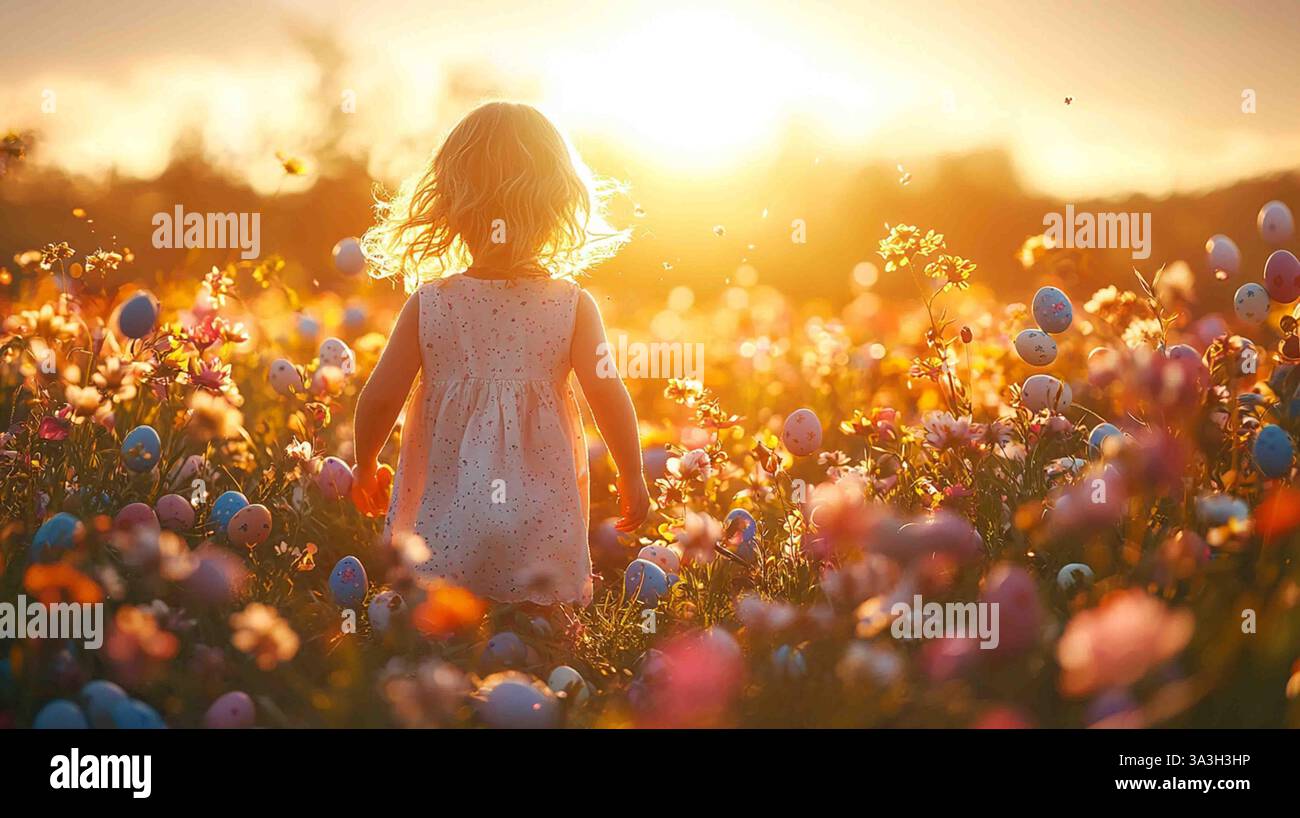 A joyful child explores a vibrant flower field at sunset, discovering ...