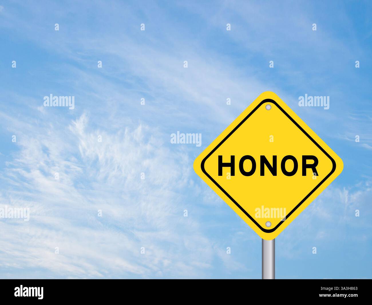 Yellow transportation sign with word honor on blue color sky background ...