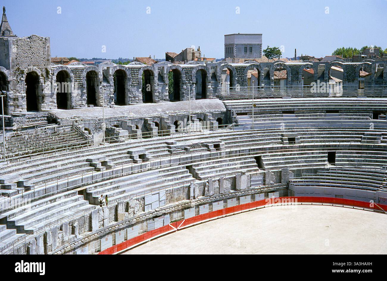 Summer 1967. Roman amphitheatre with preserved medieval towers, Arles ...