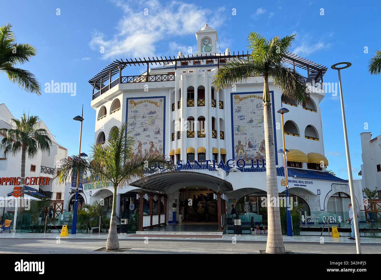 Shops and Apartments of the Parque Santiago Complex on the Golden Mile in Playa de las Américas. Arona, Tenerife, Canary Islands, Spain. - Smartphone Captured Stock Image