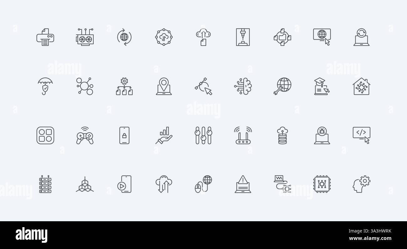 Server and computer, code security thin black outline symbols vector illustration. Information technology, data storage and network infrastructure with AI, software settings line icon set Stock Vector
