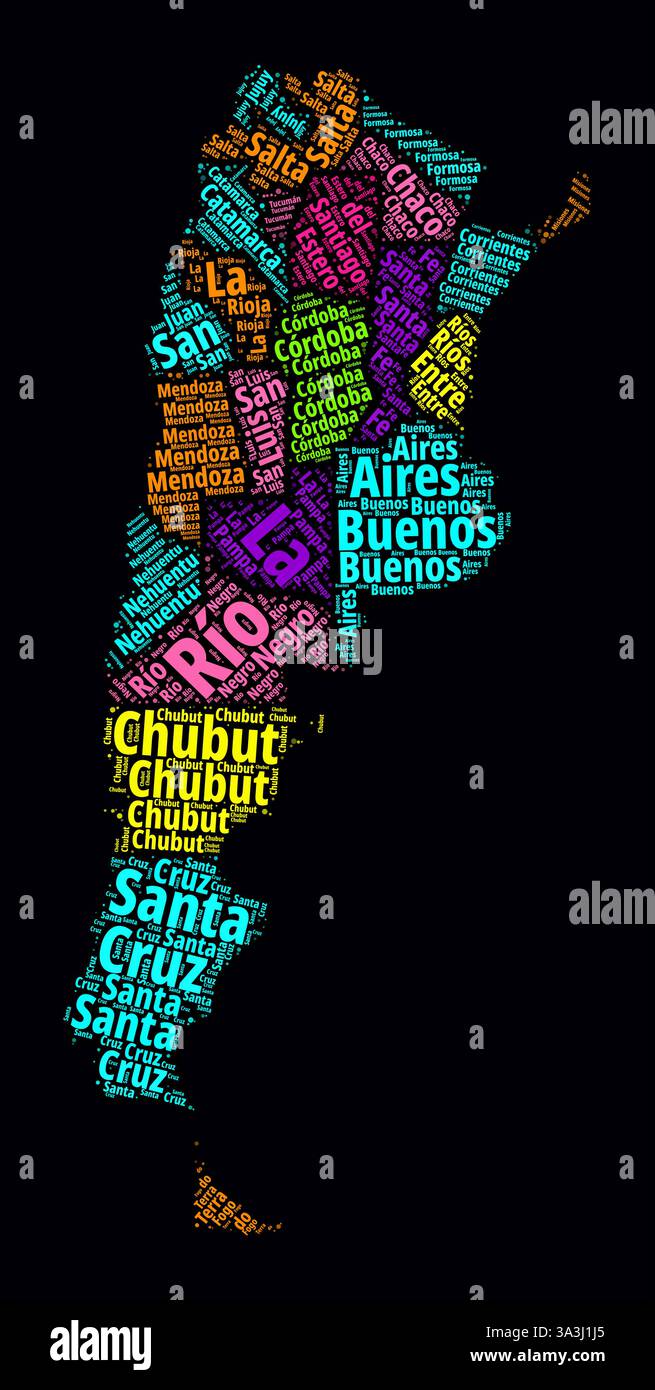 Argentina Regions Word Clouds. Bright neon style design on dark background. Region names of the country in Spanish language. Stock Vector