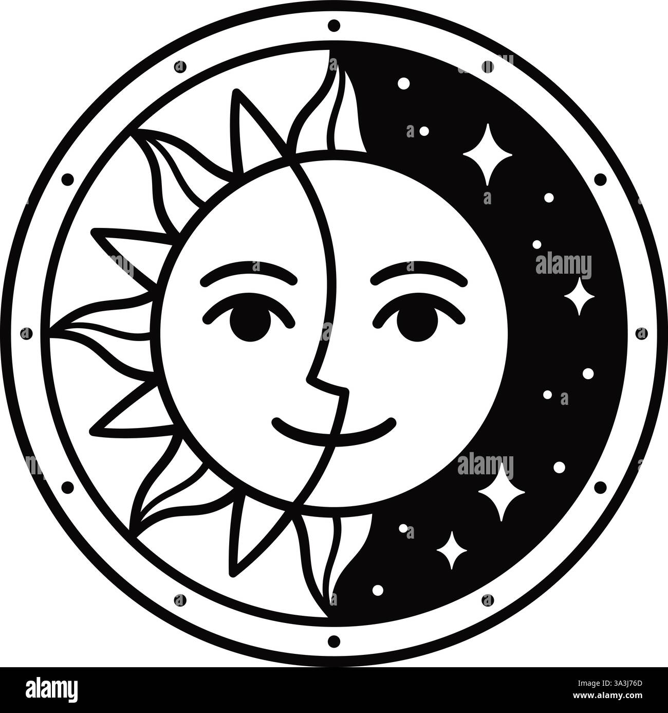 Stylized half sun half moon face drawing in circle. Day and night, balance and unity. Cute simple astrology boho symbol. Vector clip art illustration. Stock Vector