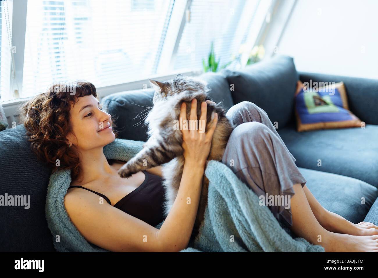young woman hugging a gray fluffy cat Stock Photo - Alamy