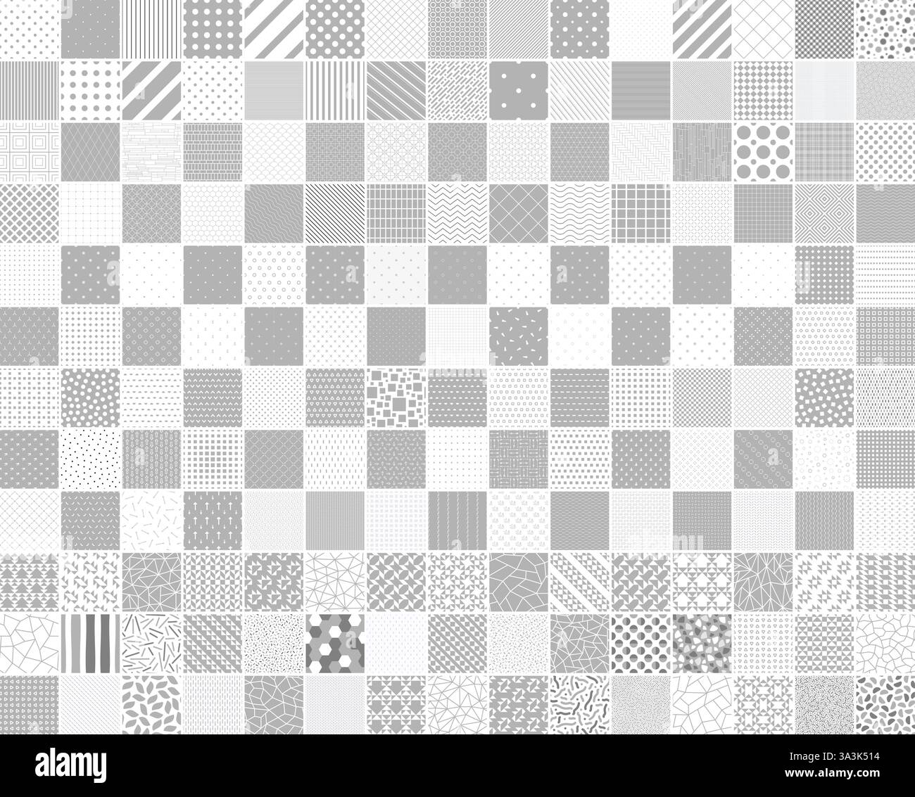 Collection of vector seamless geometric patterns in different styles. White and gray repeatable unusual minimalistic prints. Striped, dotted, mosaic Stock Vector