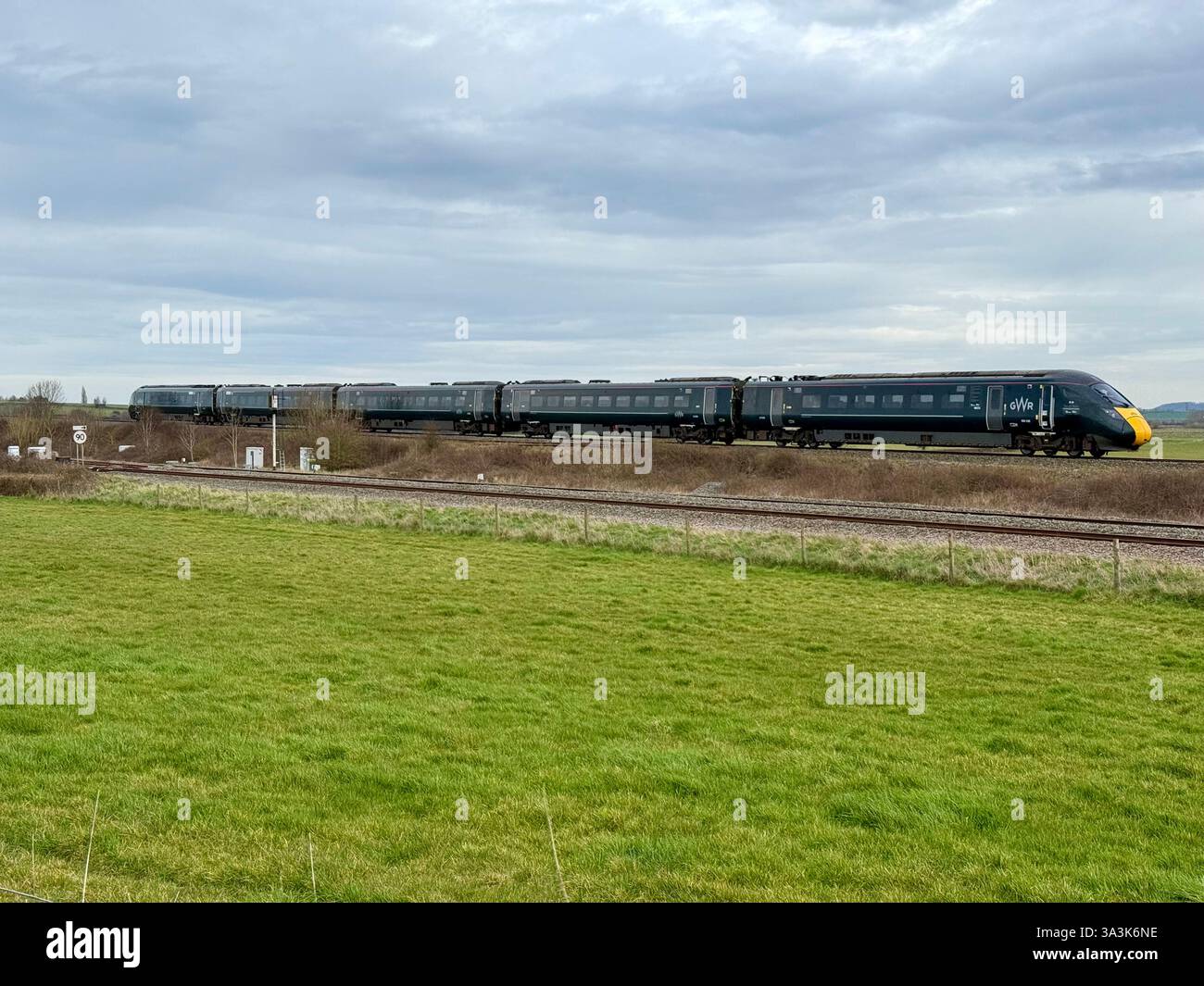 Great Western Railway (GWR) High-Speed Train - Intercity Express Hitachi Class 800 Series Train (IET) - Cogload Junction near Taunton, Somerset - Smartphone Captured Stock Image
