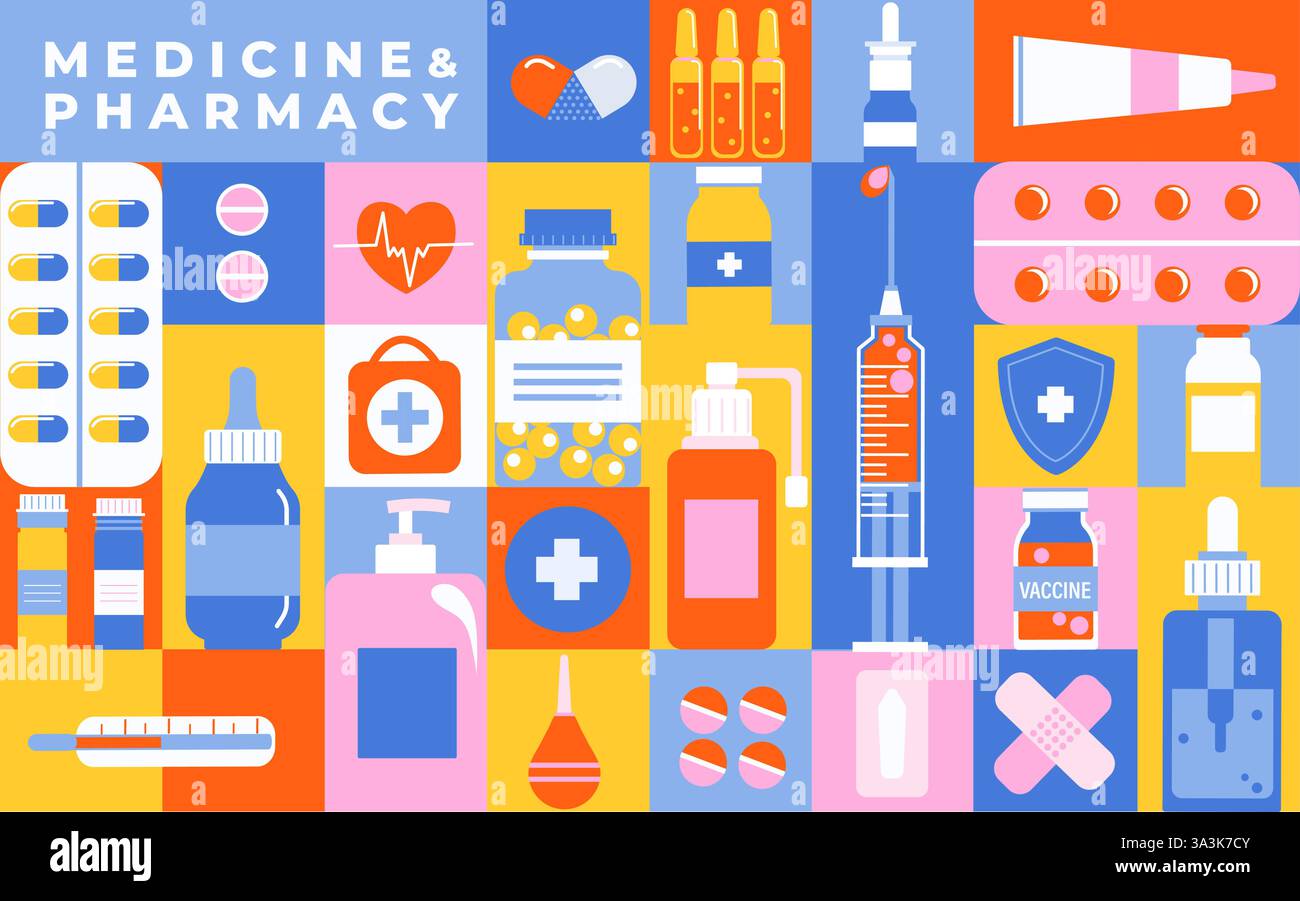 Geometric tile banner of medicine or pharmacy. Stock Vector