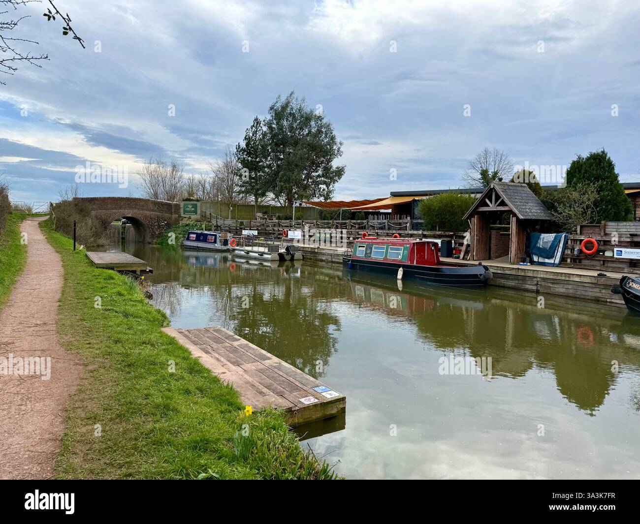 Higher Lock, Narrow Boats Moored on the Bridgewater and Taunton Canal, Somerset - Smartphone Captured Stock Image