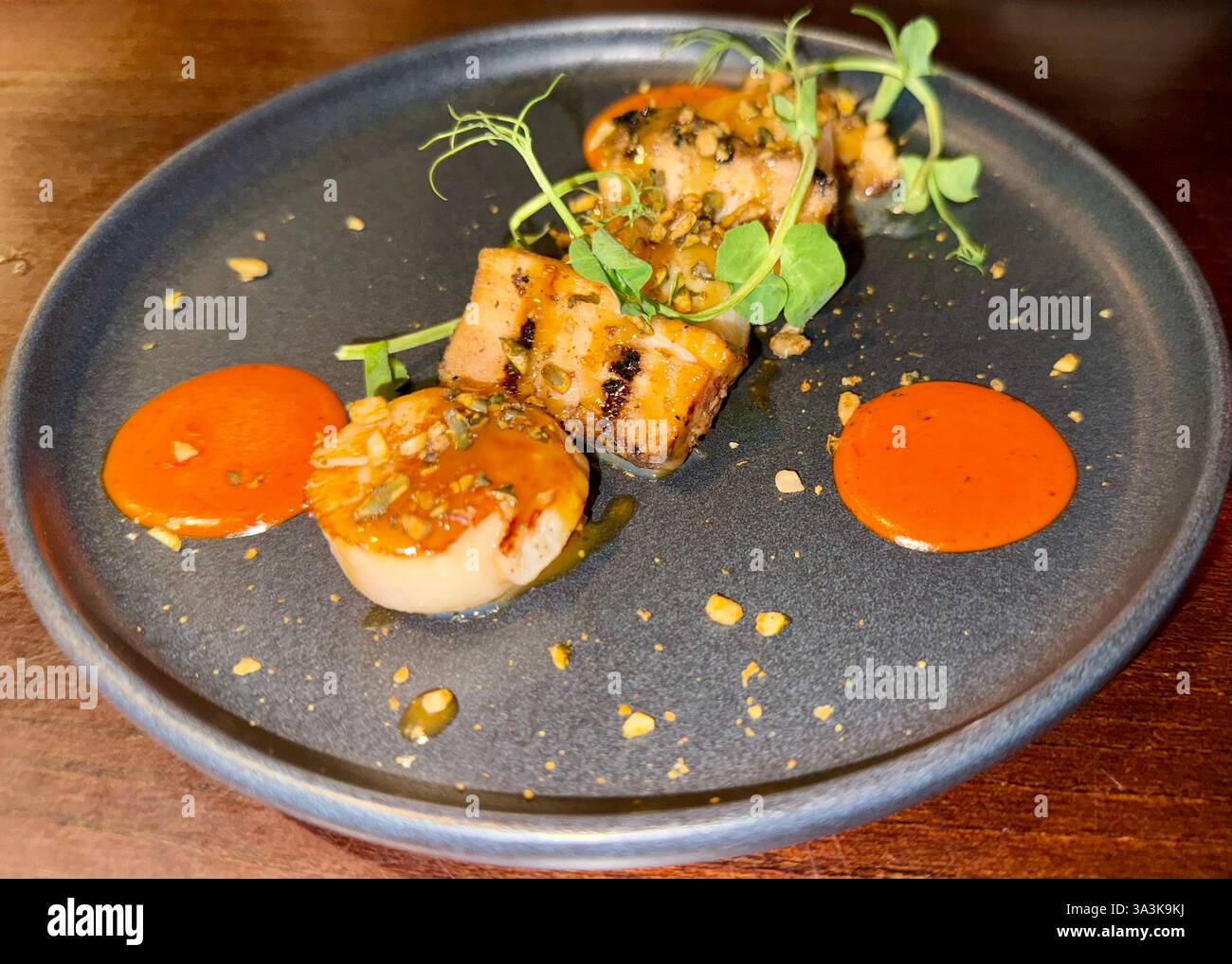Pan Fried Scallops and Pork Belly with a Miso Dressing - Smartphone Captured Stock Image