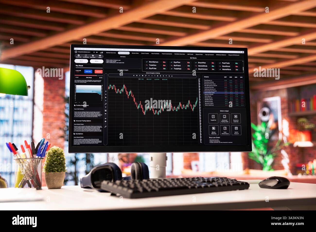 Software on PC screen used for analyzing cryptocurrency investment purchases. Close up of candlestick chart on computer display showing financial gains made during bear market Stock Photo