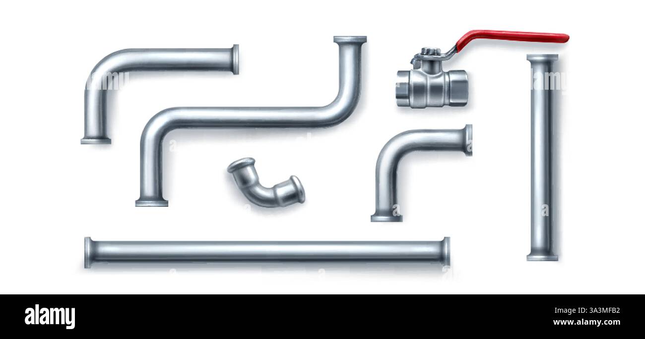 Plumbing 3d metal pipe elements set - straight tubes, curved connections and joints, valve with red handle. Chrome steel industrial parts with fitting Stock Vector