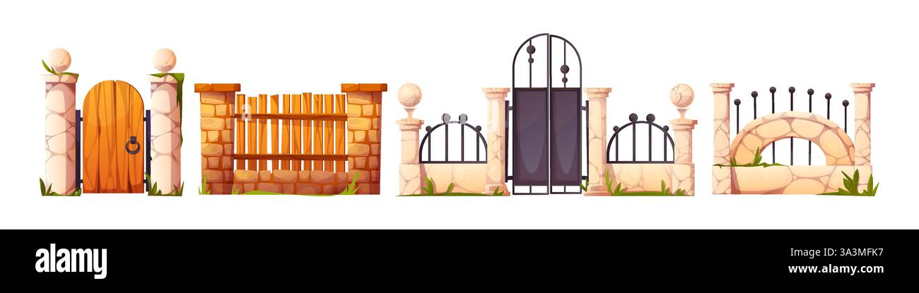 Rustic Gate Cartoon Cartoon gates and fences collection with stone pillars - entrance set ...