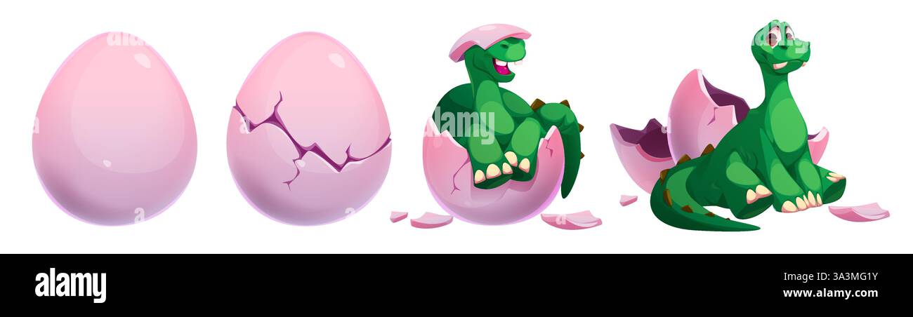 Cracked egg with baby dinosaur set isolated on white background. Vector ...