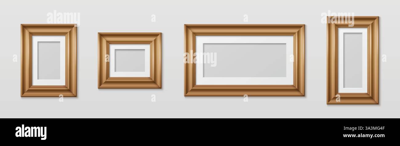 Wooden picture frames mockup set in different sizes with white matte border mounts on light wall. Realistic classic brown rectangular borders collecti Stock Vector