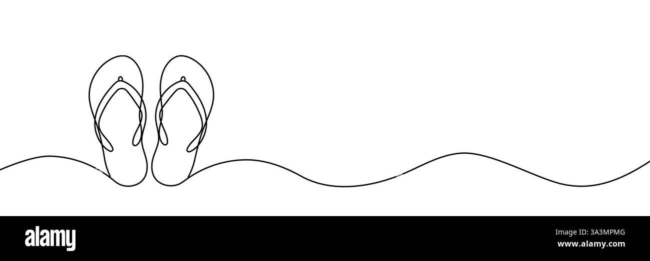 Flip flops continuous one line drawing, single line art element, minimalist sketch line vector illustration, summer travel holiday concept. Hand drawn Stock Vector