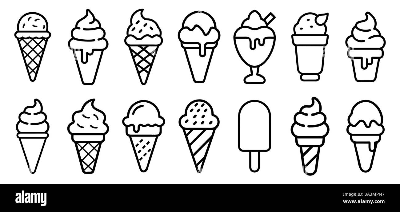Ice cream outline icons set. Different types, waffle cone, cup ice ...