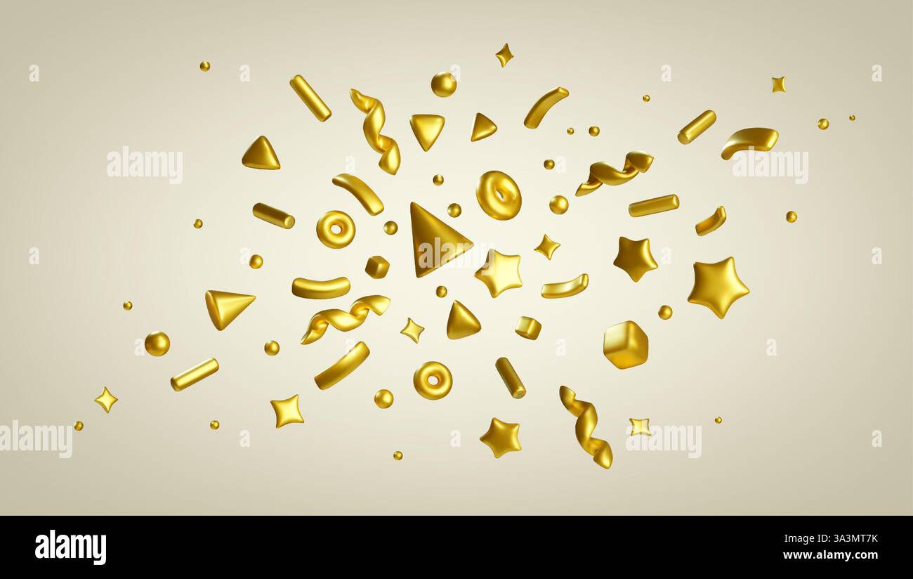 3d confetti pattern with floating gold stars, circles, triangles, rings, curved ribbons and geometric shapes. Realistic abstract celebratory decorative elements for festive designs. Stock Vector
