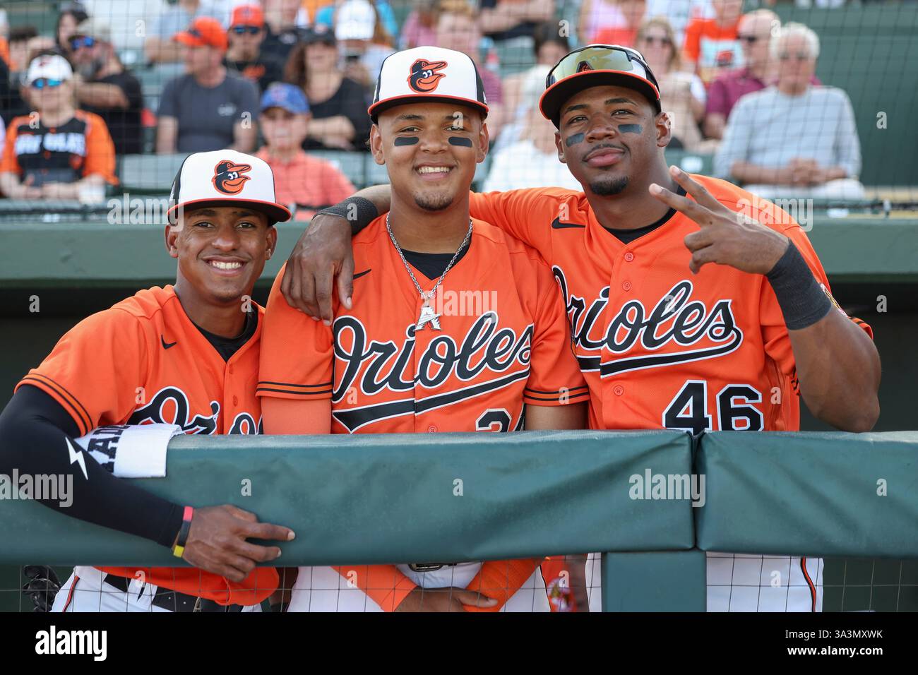 Sarasota FL USA; during an MLB Spring Breakout game on Saturday, March 15, 2025 at Ed Smith Stadium.  The Orioles Prospects beat the Yankees Prospects 5-4. (Kim Hukari/Image of Sport) Stock Photo