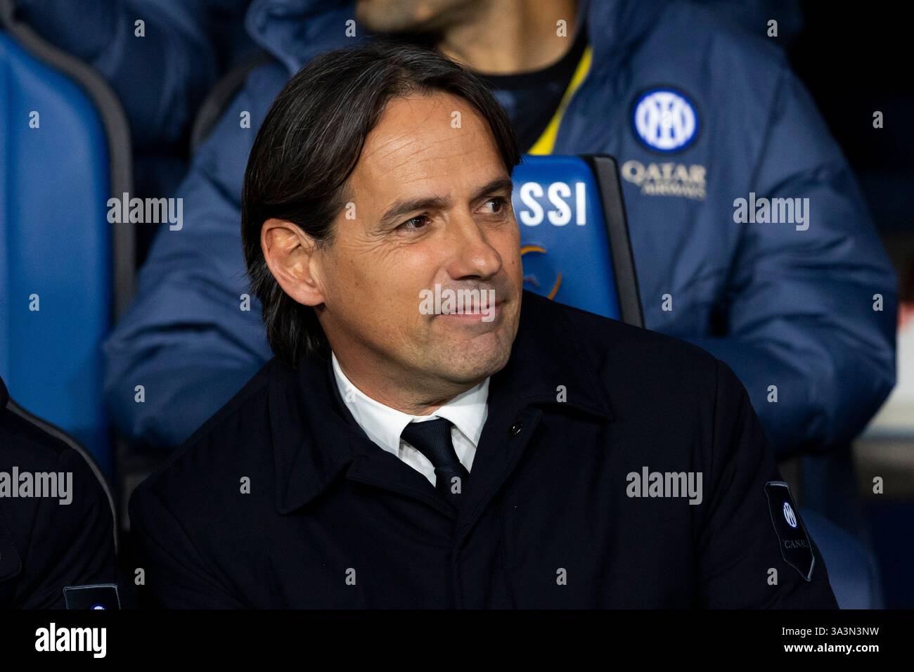 Bergamo, Italy. 16th Mar, 2025. Simone Inzaghi in action during Serie A match between Atalanta and FC Internazionale on March 16 2025 at Gewiss Stadium in Bergamo, Italy Credit: Mairo Cinquetti/Alamy Live News Stock Photo