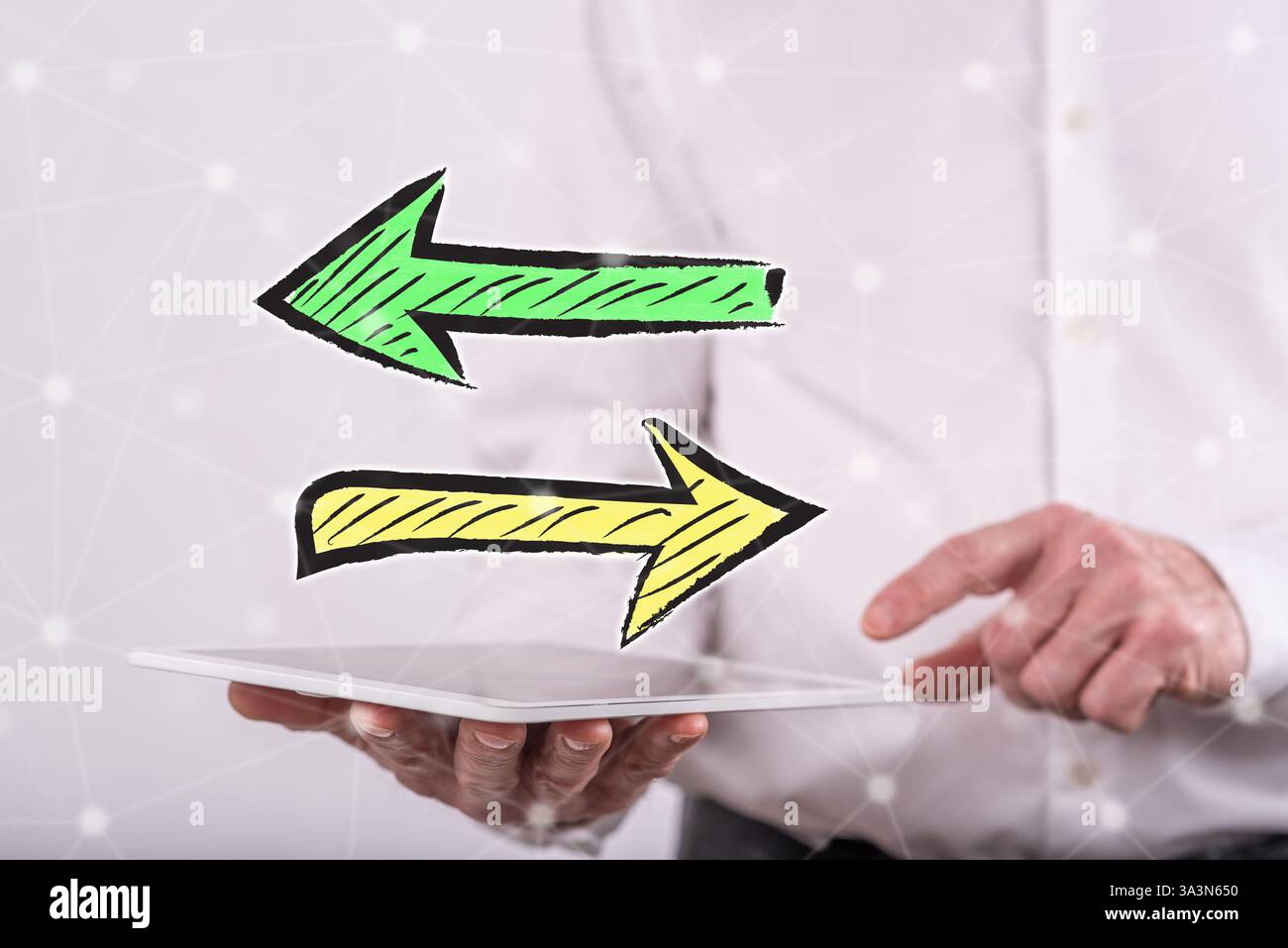 Decision concept above a tablet held by a man in background Stock Photo