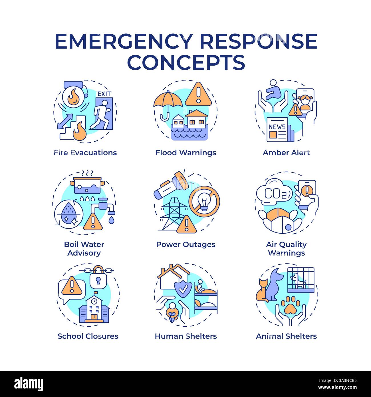 Emergency responses multi color concept icons Stock Vector