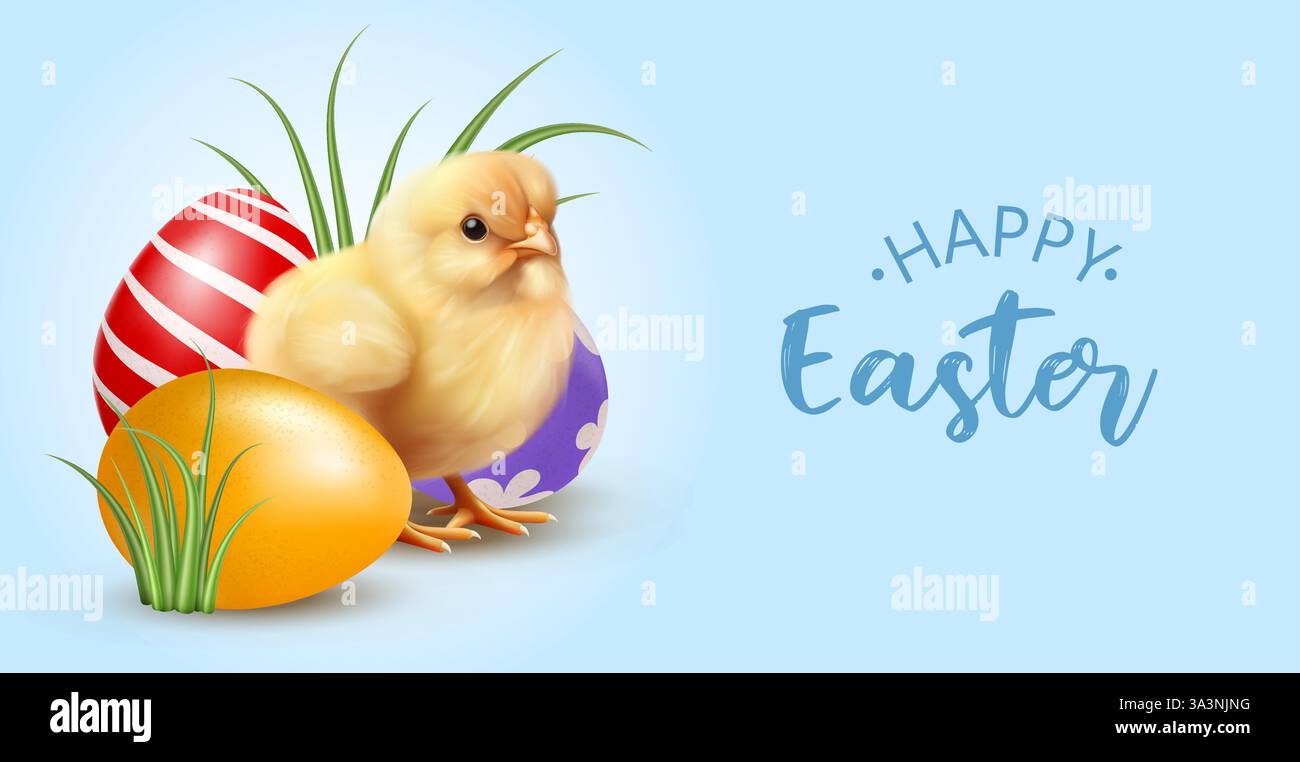 Easter chick with decorated eggs on background Stock Vector