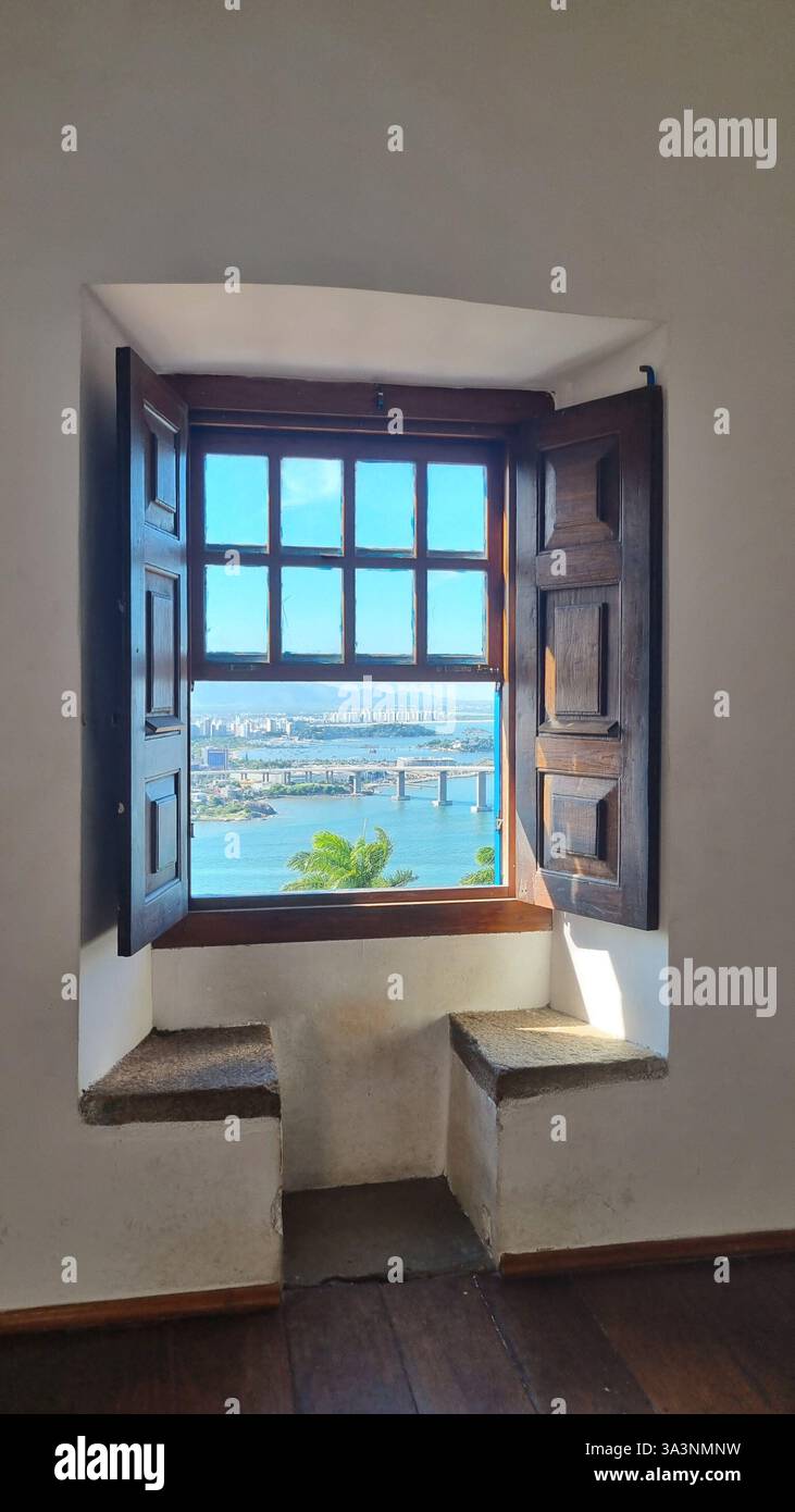 A beautiful open blue wooden window frames a breathtaking panoramic view of a cityscape below, with lush green foliage in the foreground and distant m - Smartphone Captured Stock Image