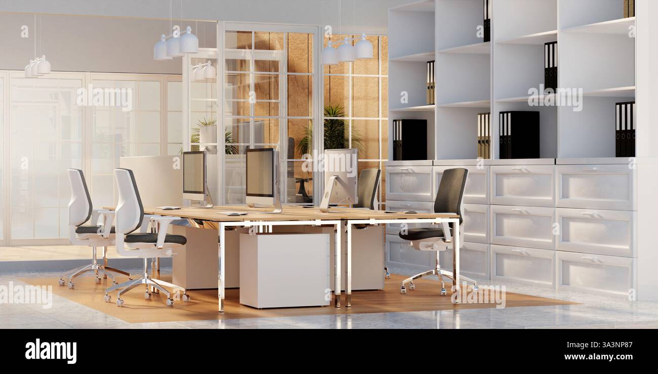 Modern Office Workspace Design with Collaborative Layout, 3D render ...