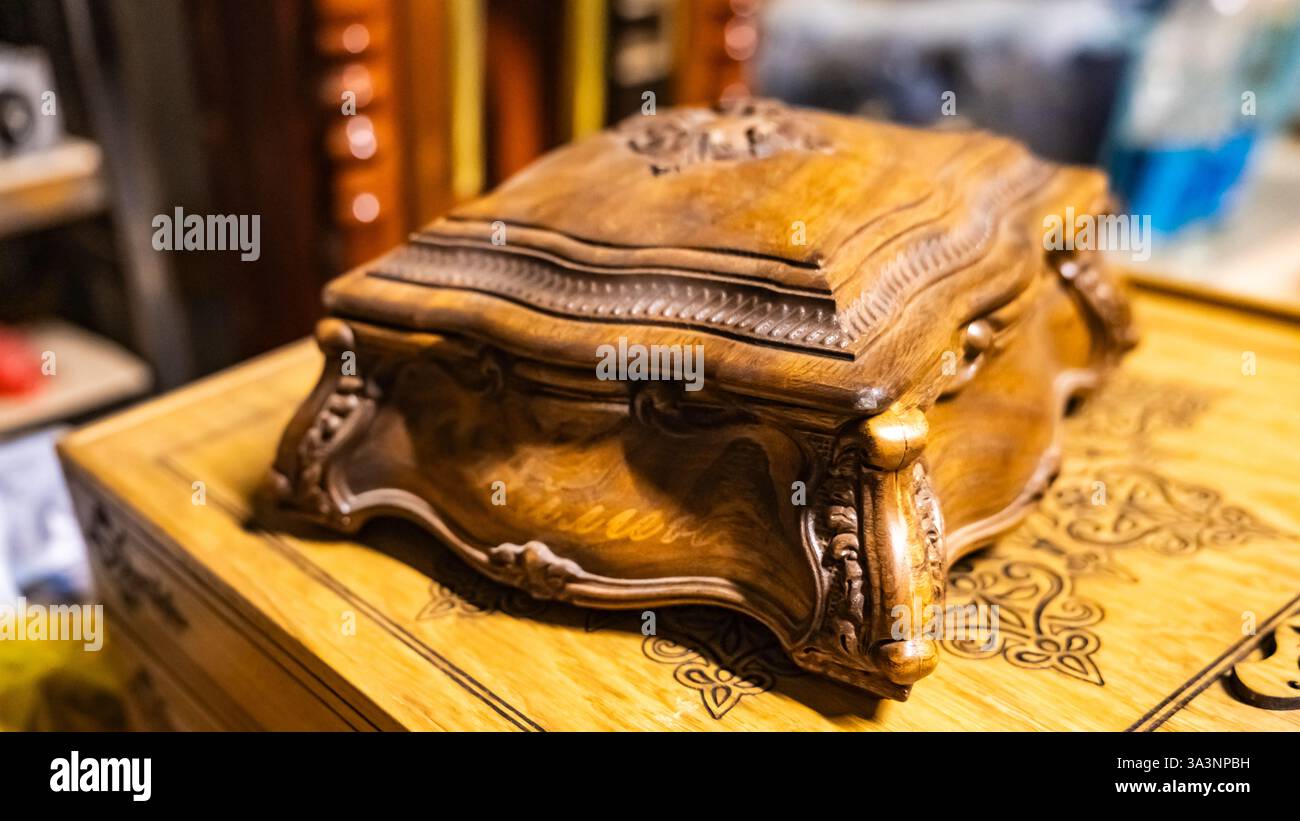 ready-made handmade furniture, boxes, chairs, chessboard, backgammon. High quality photo Stock Photo