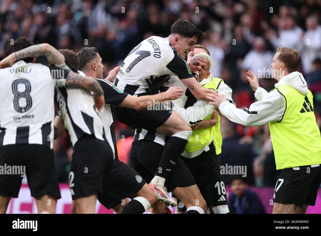 Newcastle players celebrate the first goal, scored by Dan Burn (NU), at ...