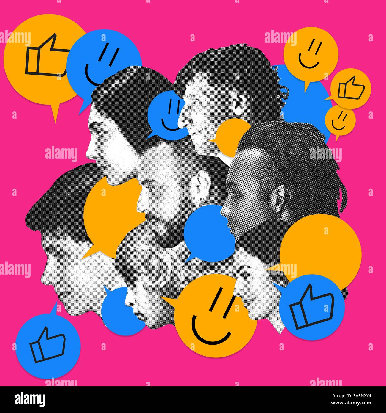Faces forming visual narrative with reaction icons and dialogues ...
