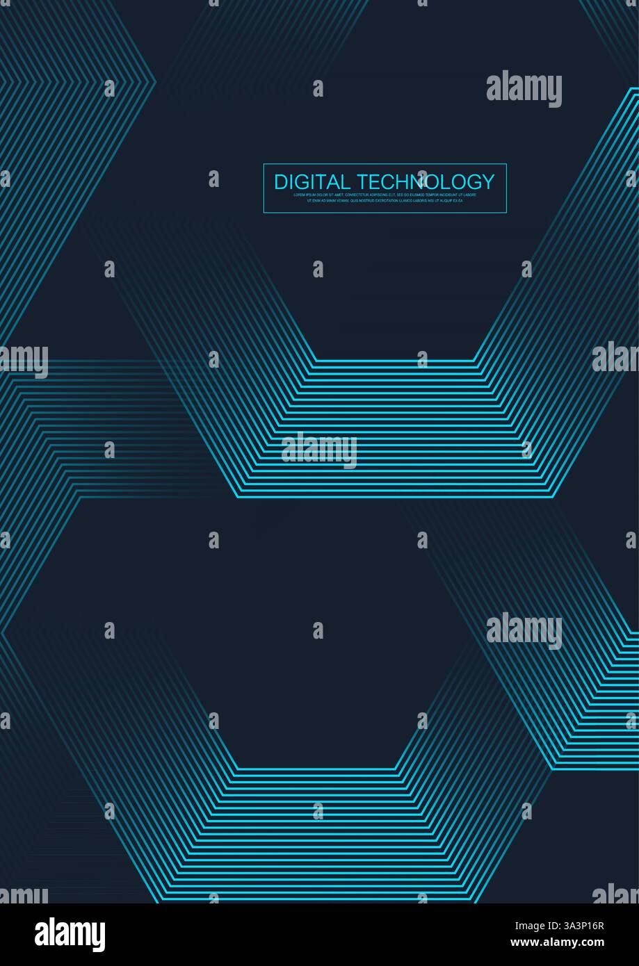 Digital futuristic technology concept with hexagons. Digital hexagonal blue abstract background. Geometric vertical stripe line art design for poster Stock Vector