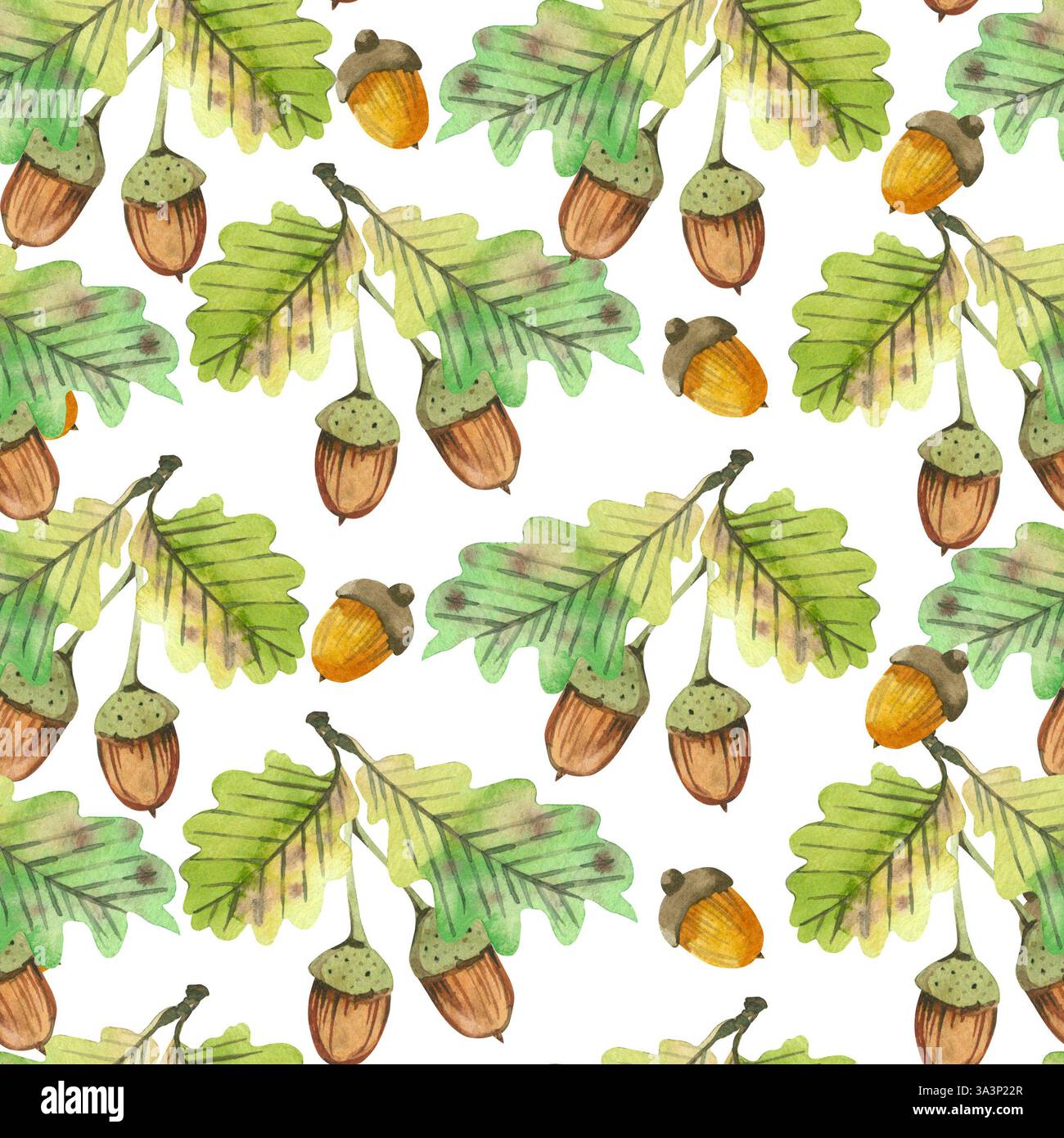 Seamless watercolor pattern with forest acorns and oak leaves. All ...