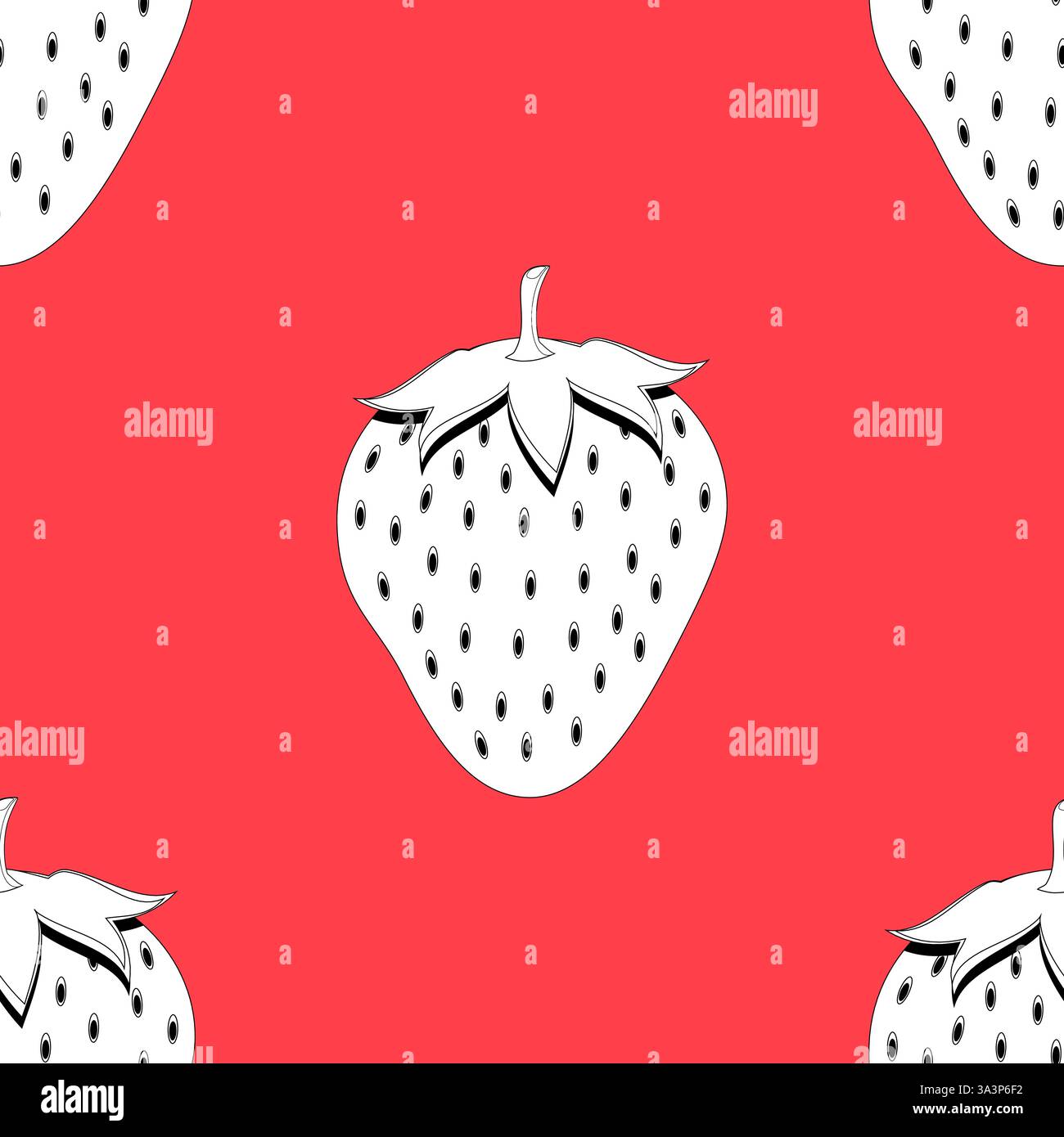 2d lined strawberry fruit seamless pattern on pink background Stock Vector