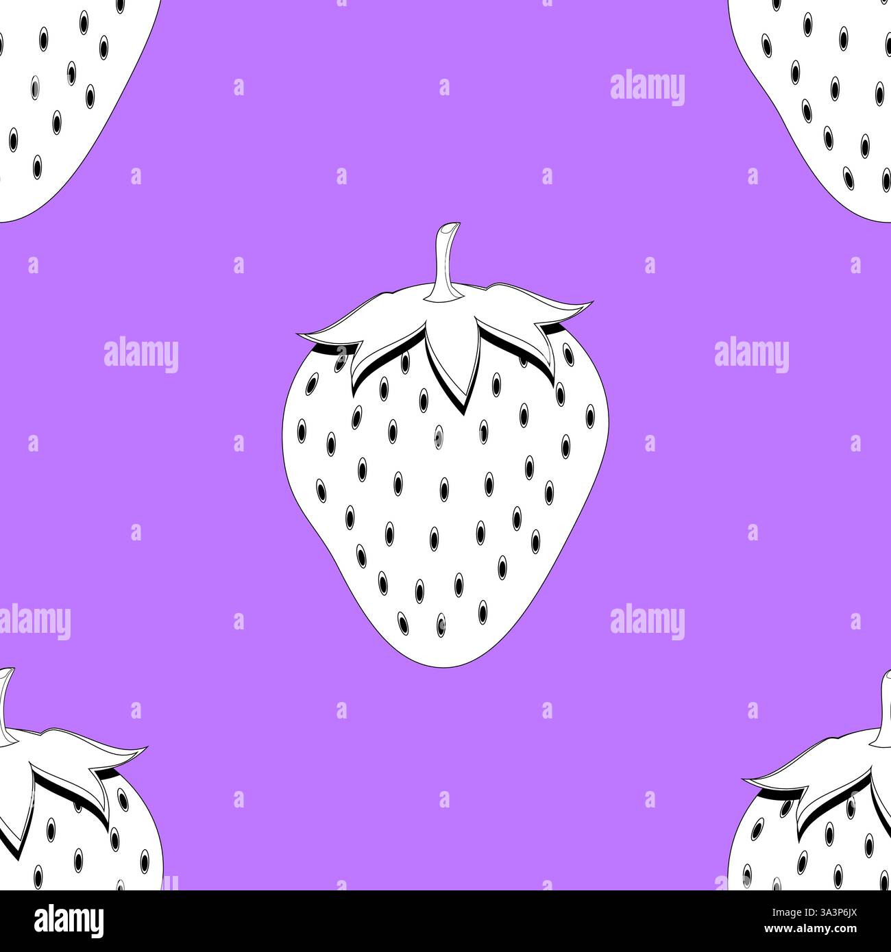 2d lined strawberry fruit seamless pattern on purple background Stock Vector