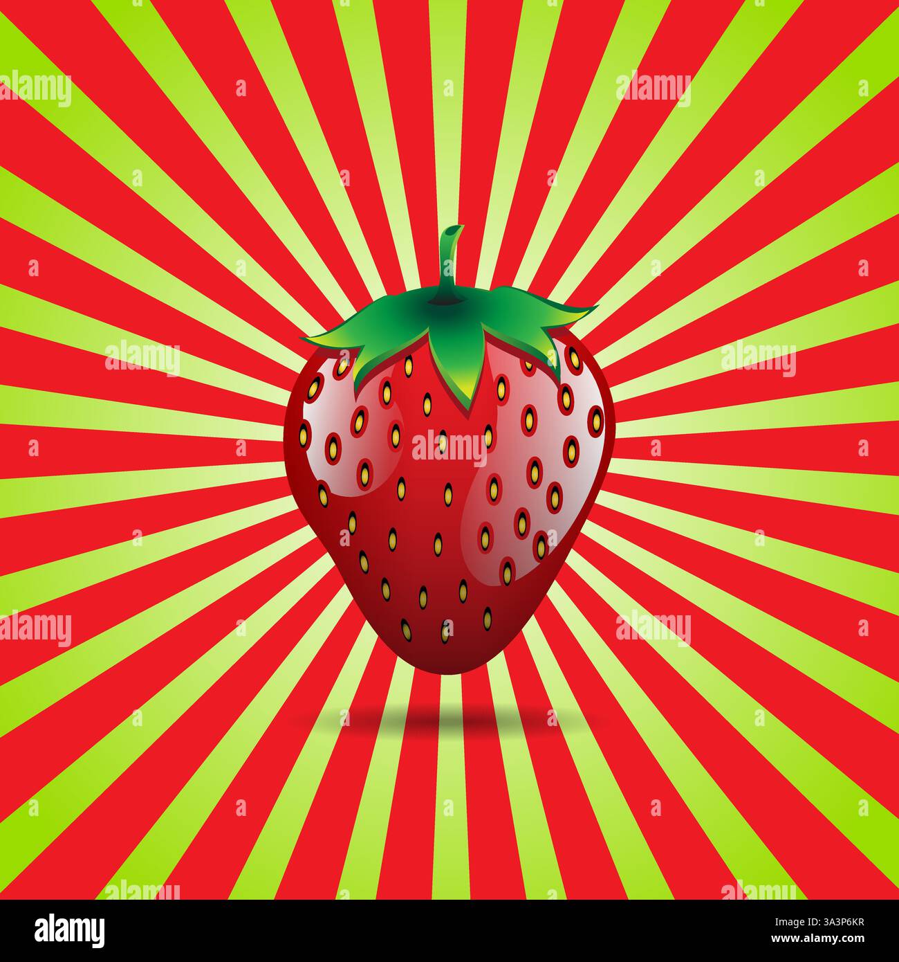 Strawberry fruit seamless pattern on light red and light green sunburst background Stock Vector