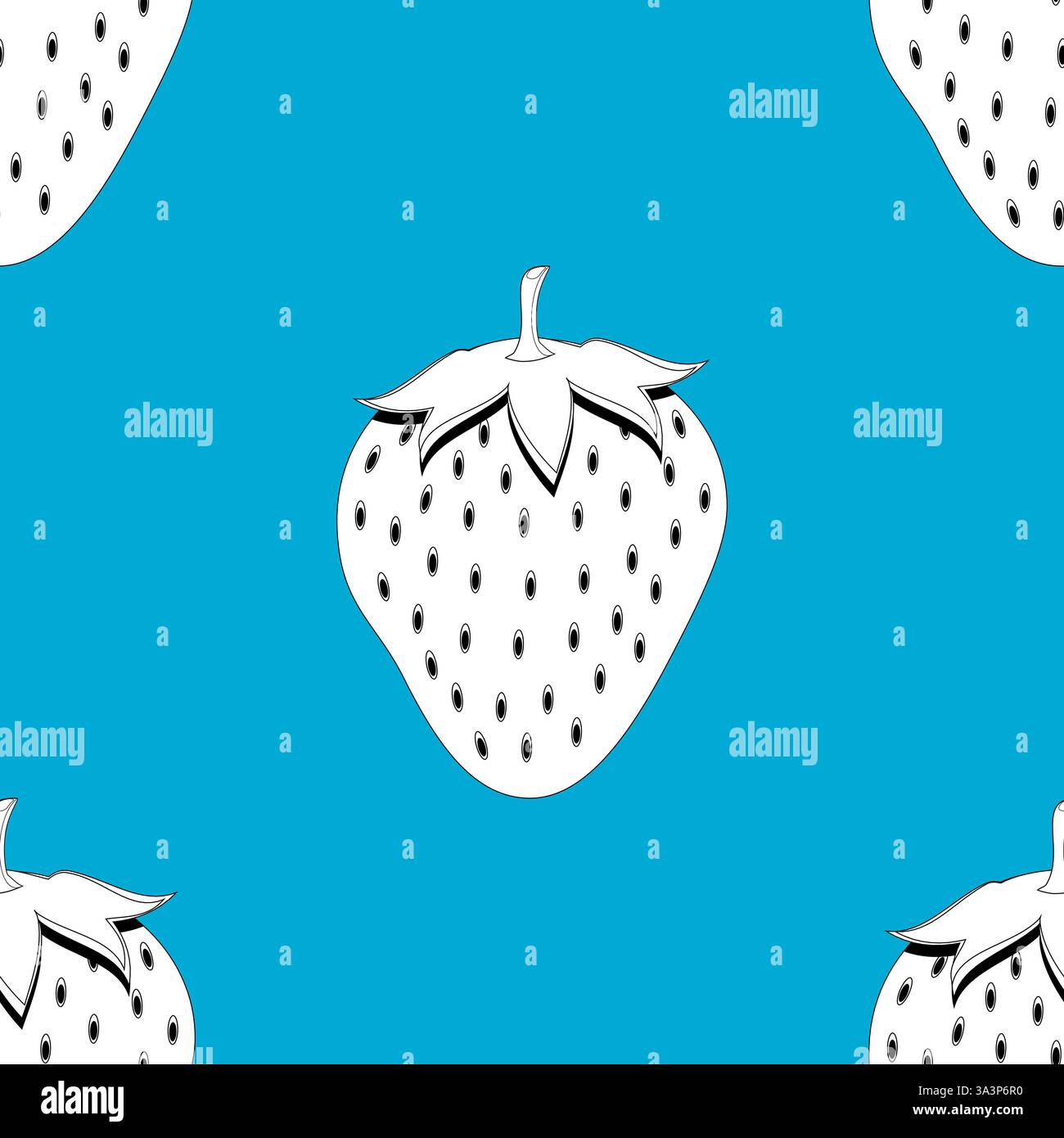 2d lined strawberry fruit seamless pattern on blue background Stock Vector