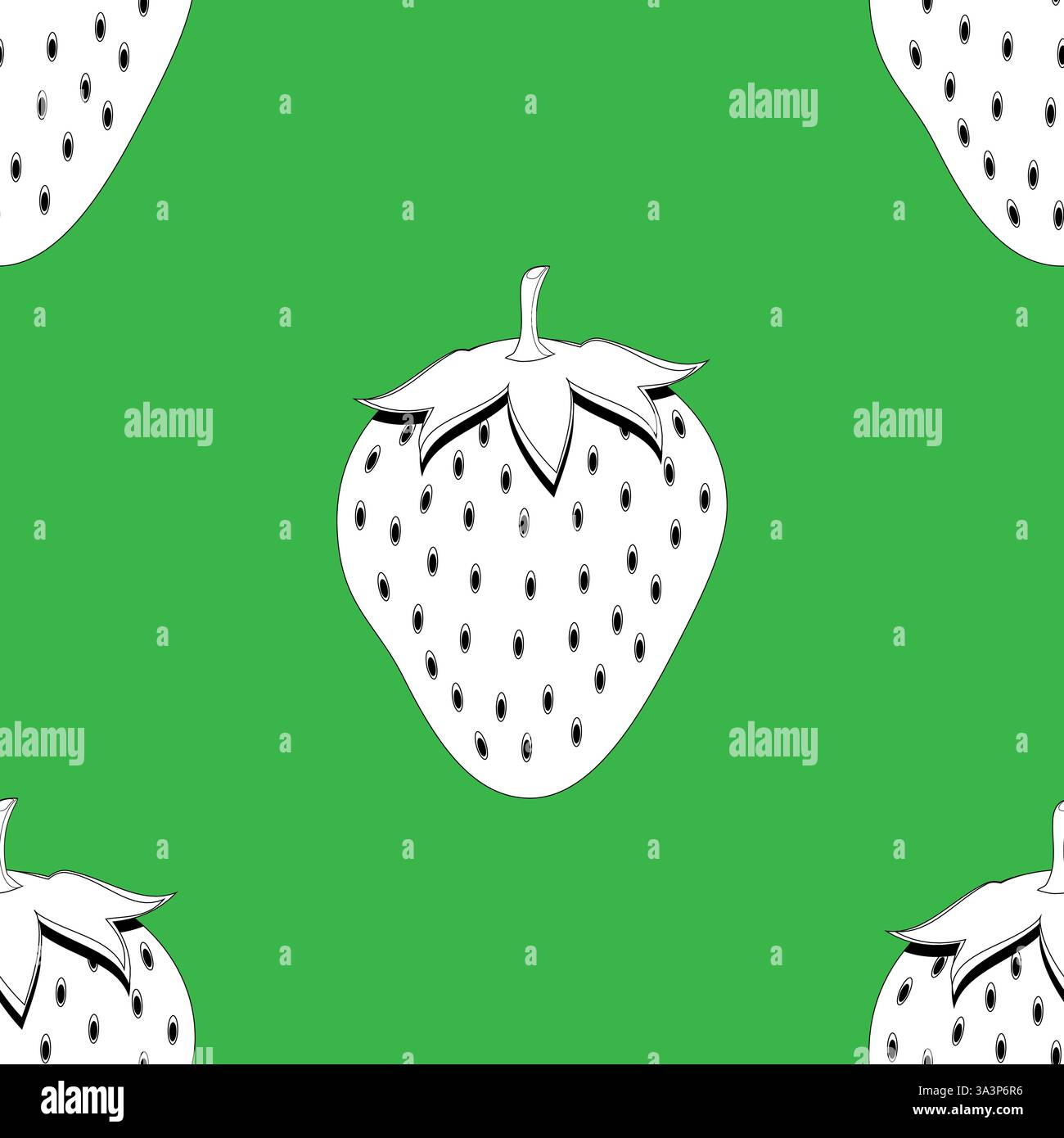 2d lined strawberry fruit seamless pattern on green background Stock Vector