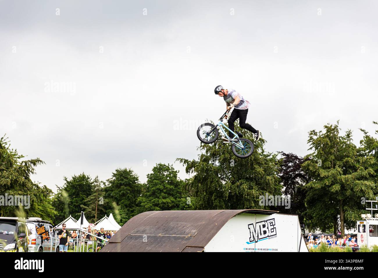 BMX stunt rider, BMX stunt, BMX jump, BMX rider, BMX show, BMX bike, BMX, Lincolnshire Show, Lincoln Showground, Lincoln, Lincolnshire, UK, England Stock Photo