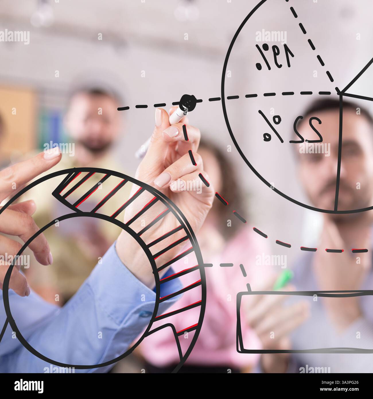 Team analyzing data-driven insights, visually mapping financial trends with pie and donut charts, fostering collaborative decision-making process Stock Photo