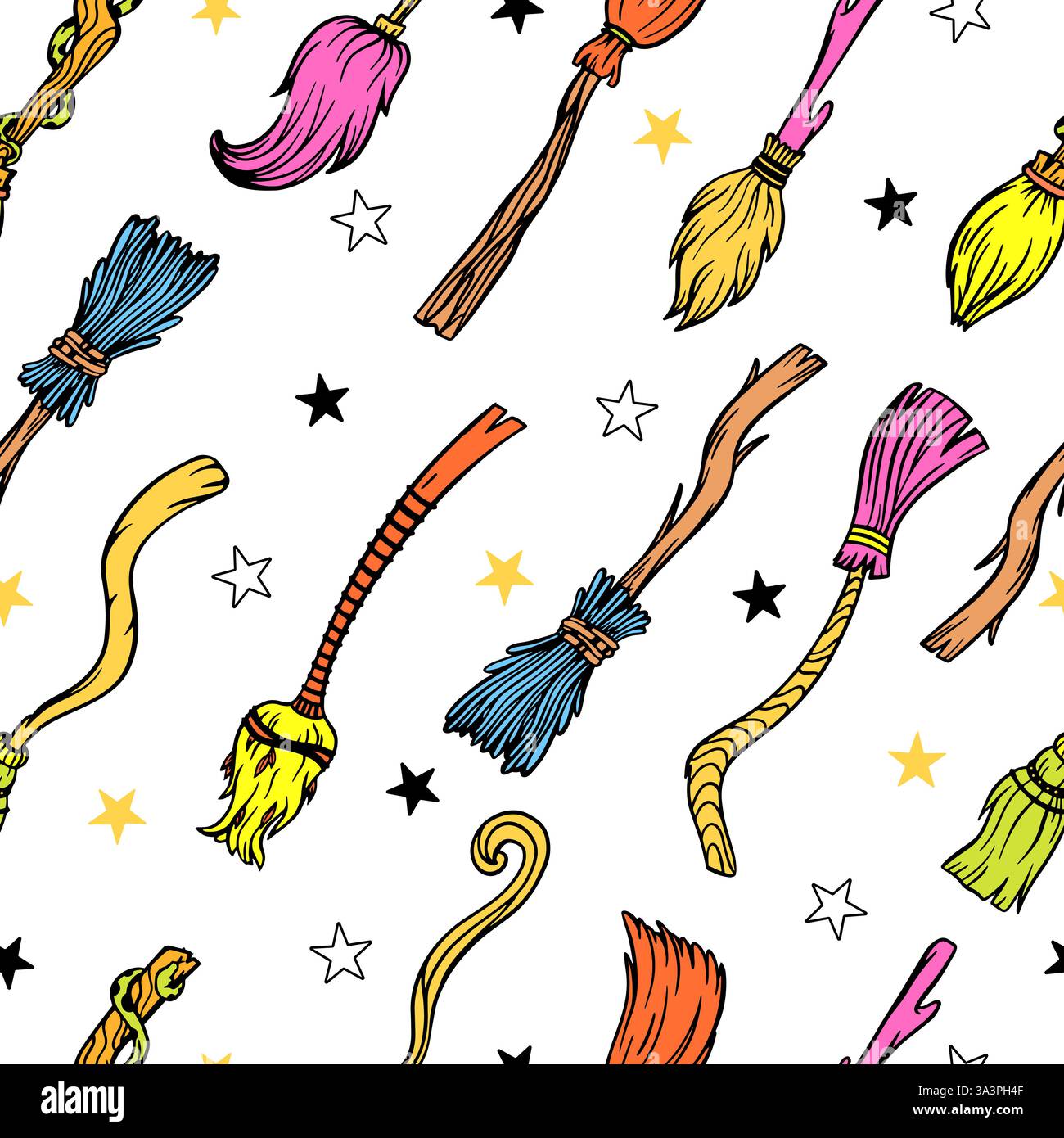 Witch brooms seamless pattern. Wizards witches flying transport, halloween fantasy magic accessories. Fabric wallpaper print design, neoteric vector Stock Vector